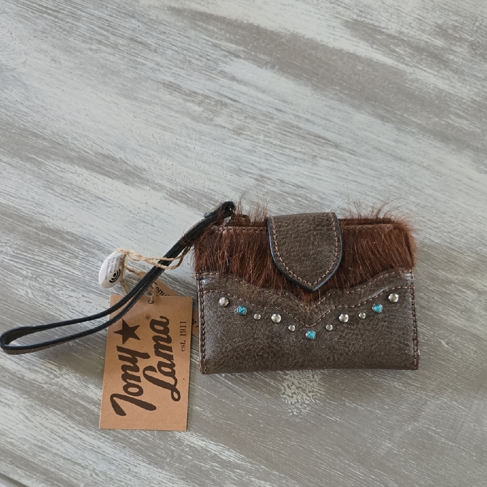 Tony Lama Brown Wristlet with Turquoise and Fur Accents